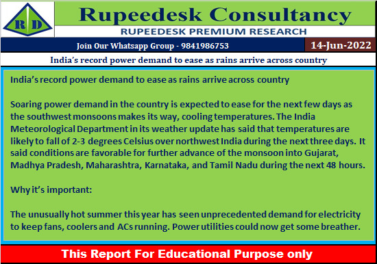 India’s record power demand to ease as rains arrive across country - Rupeedesk Reports - 14.06.202