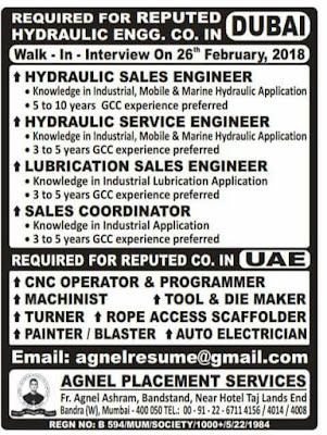 Reputed hydraulic Engg co Jobs for DUbai