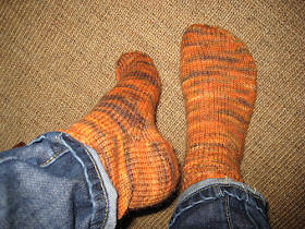 Liz's completed socks knitted in DT Craft and Design alpaca wool nylon DK yarn in shade 'Gingernut'