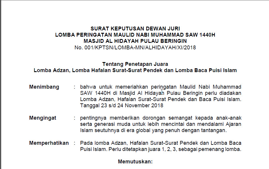 Contoh Surat Keputusan Peapan Juara Lomba Tutup Kurung