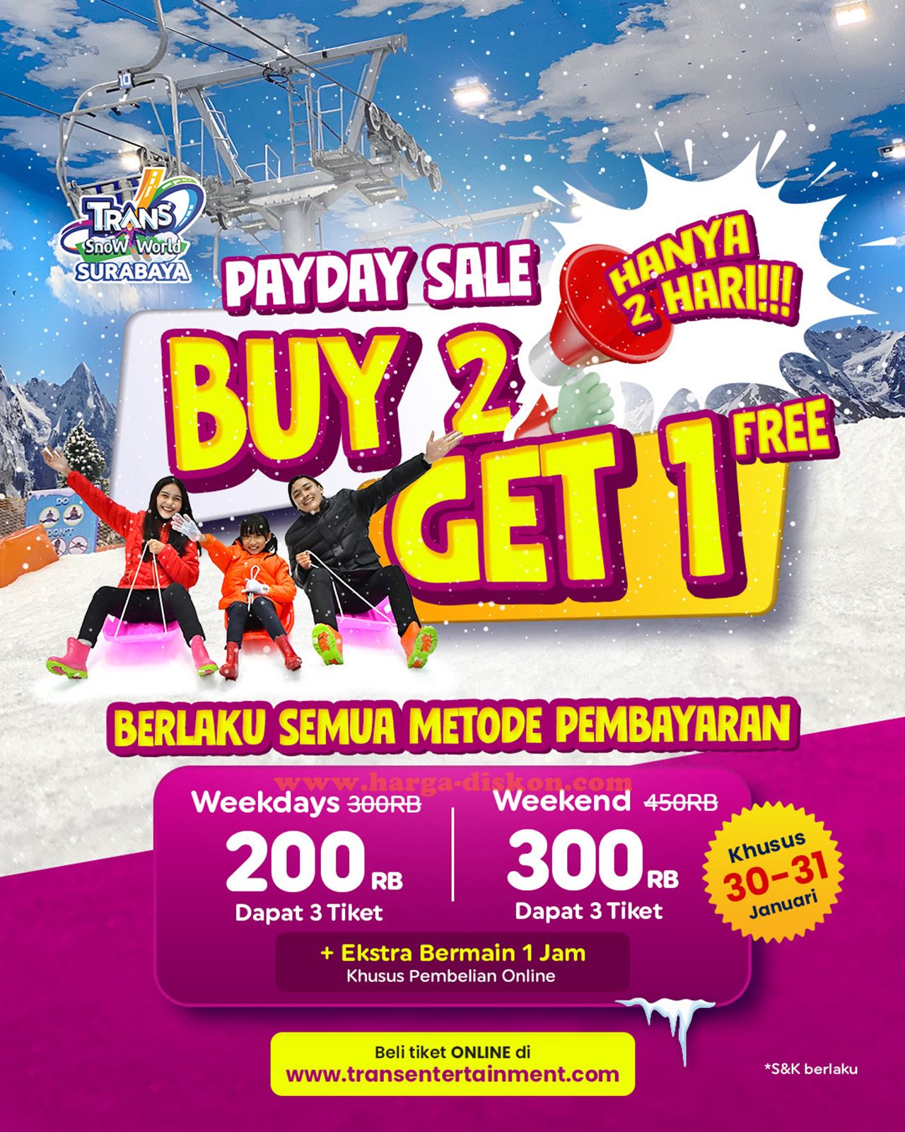 Promo TRANS SNOW WORLD Surabaya Rp200.000 bertiga 30 - 31 Januari 2024