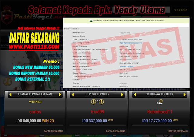 Kemenangan Bermain Togel Online Di Pastijp Pastitogel tanggal 08 mei 2019