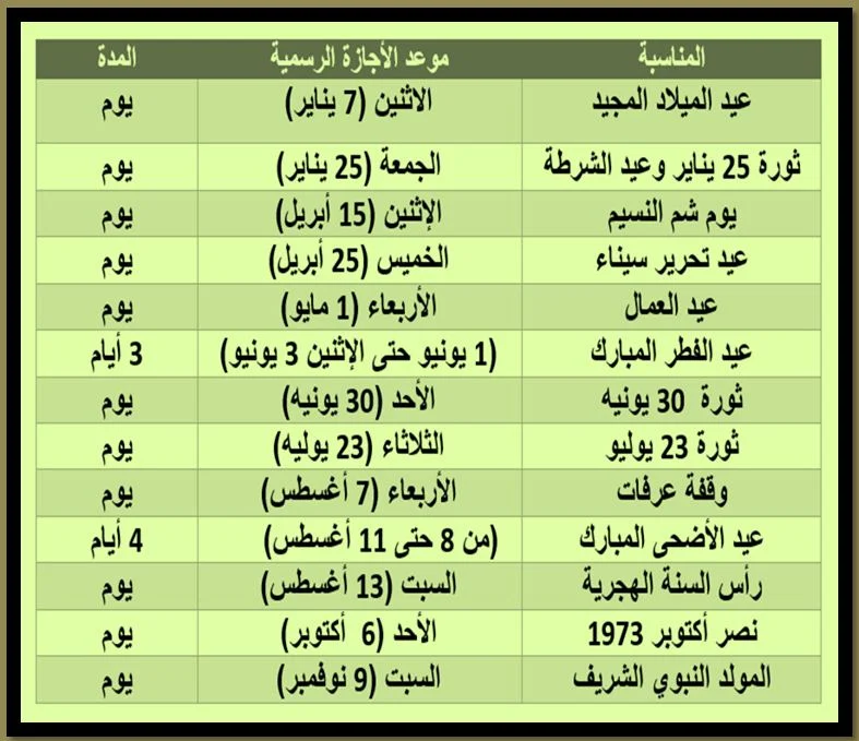 الاجازات الرسمية 2019