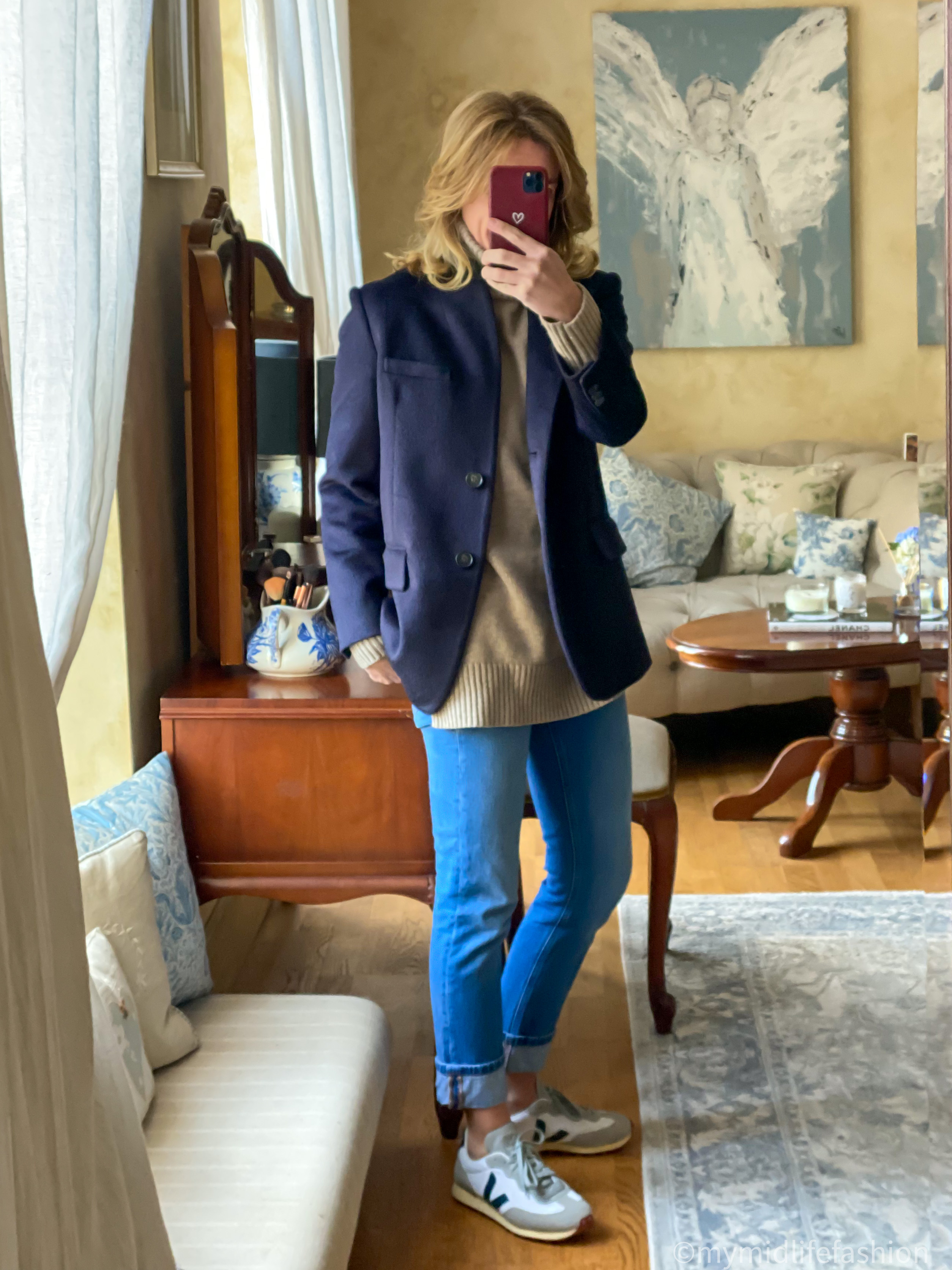 my midlife fashion, Vanessa bruno blazer, baukjen chantol jumper, no 44 boyfriend jean, veja trainers