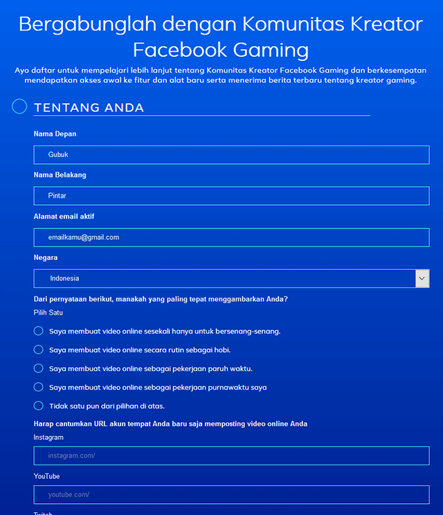 Memasukkan Data Untuk Daftar Facebook Gaming Creator