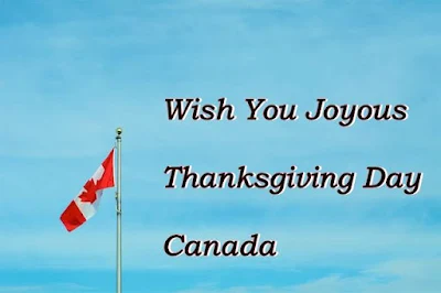 Wish you joyous Thanksgiving Day Canada text with blue sky & Canada flag.