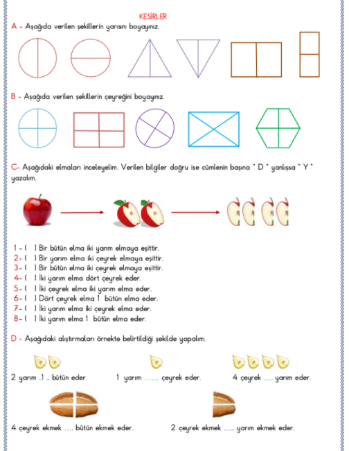 2. Sınıf, Matematik, Kesirler  Alıştırmalar