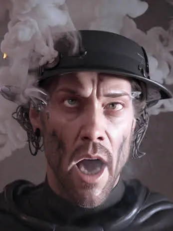 Confused man with an electronic device on his head and smoke coming out his ears eyes rolled back in his head