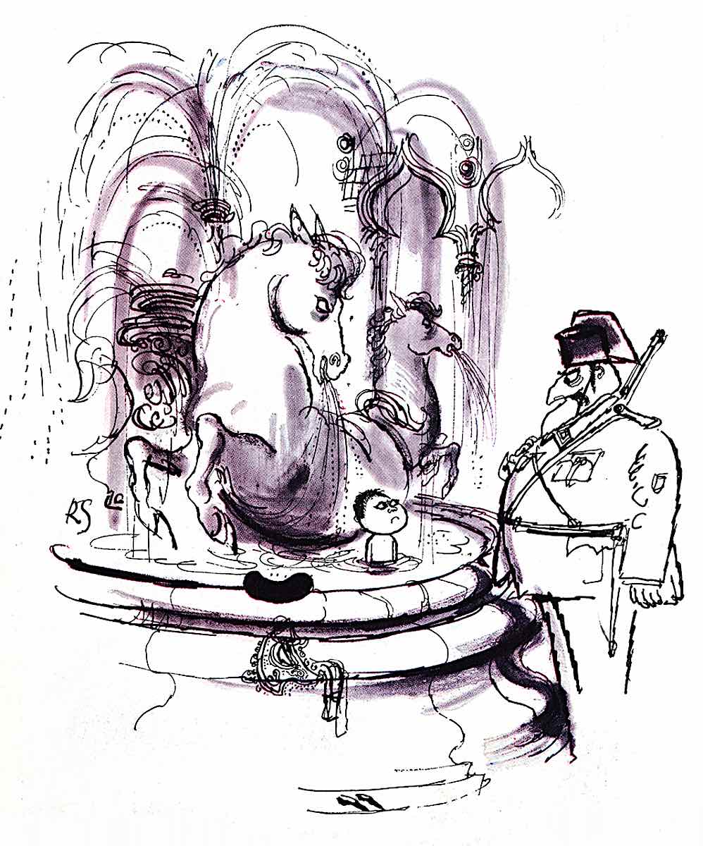 Ronald Searle, a guard disappoves of a boy playing in a fountain in Europe