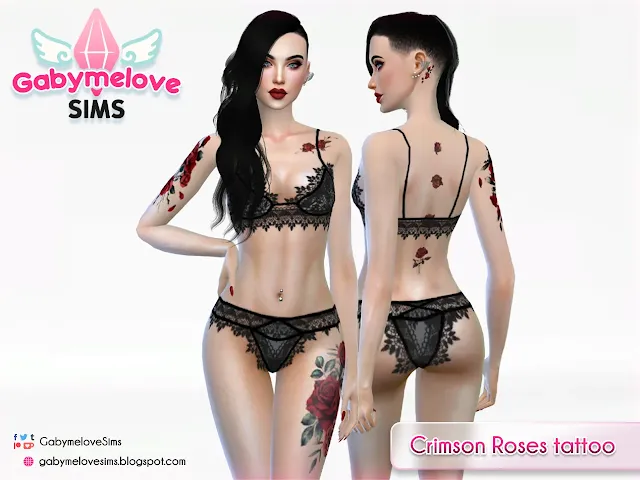 Sims 4 CC mod tattoo free download Gabymelove Sims Roses, rosas, rosa, rose, tatuaje, tattoos, descargar, red, rojas, rojo, carmesí