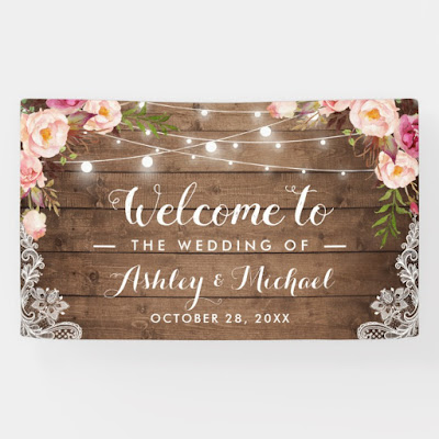  Rustic Pink Floral String Lights Welcome Wedding Banner