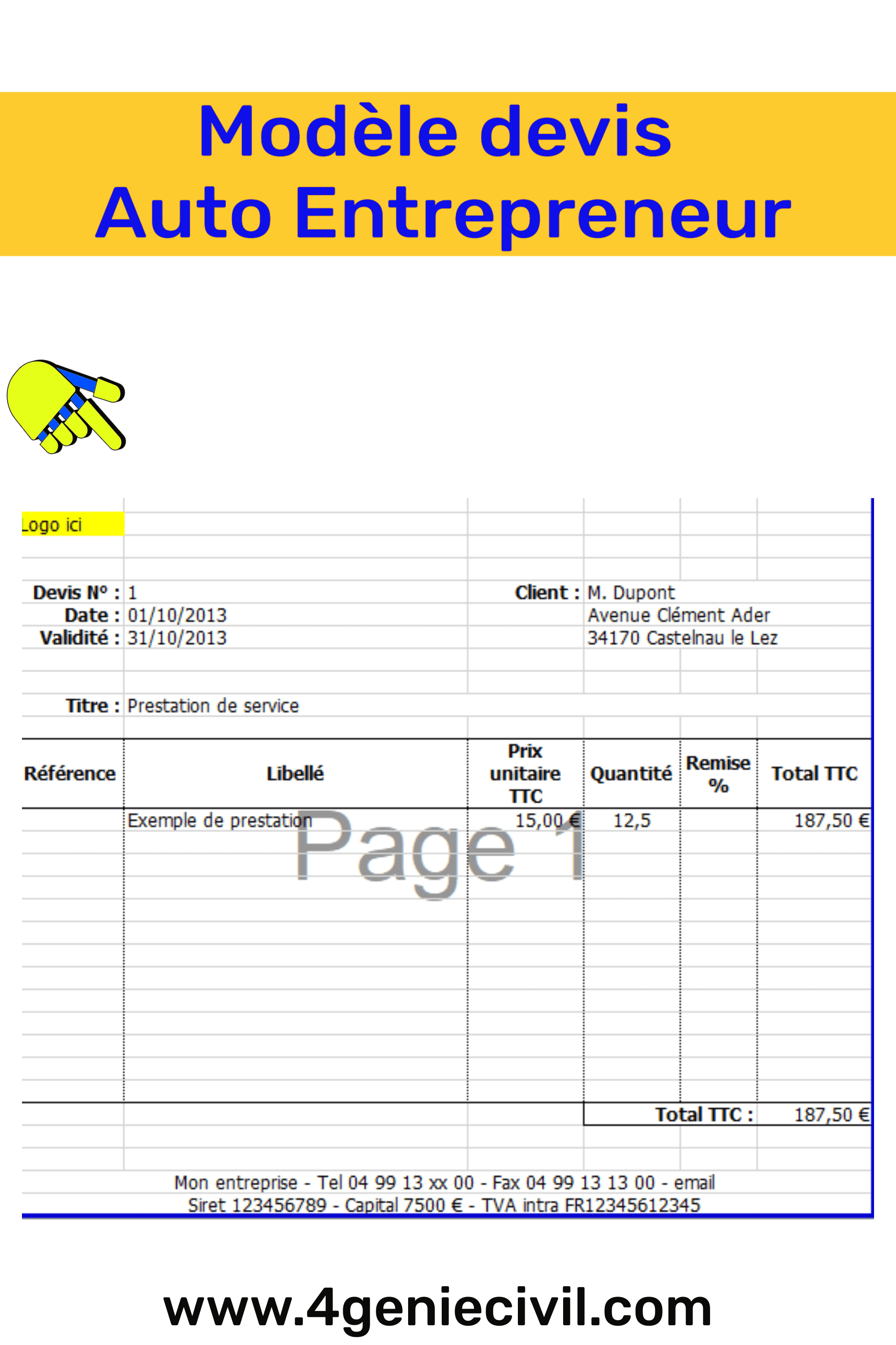 Optimisez votre activité d'auto-entrepreneur avec notre modèle de devis Excel. Gagnez du temps et simplifiez la gestion de vos devis grâce à cet outil professionnel et personnalisable. Créez des devis clairs et précis en quelques minutes, suivez facilement leur évolution et améliorez votre productivité. Téléchargez dès maintenant notre modèle de devis Excel et donnez un nouvel élan à votre entreprise en toute simplicité.