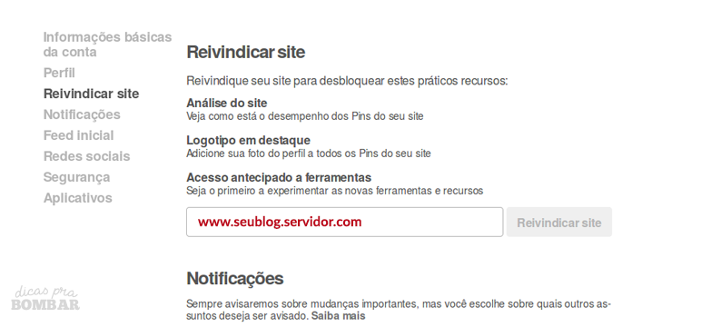 Reivindicando site no Pinterest.