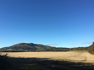 Pentlands in the distance, wheat field in the foreground.