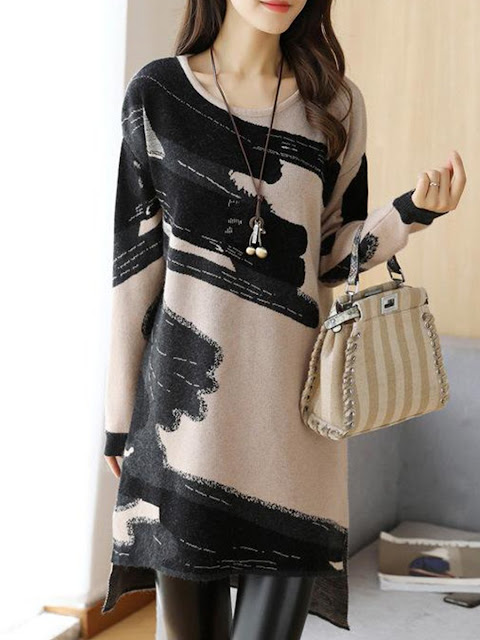 Crew Neck Asymmetric Stripe Shift Dresses