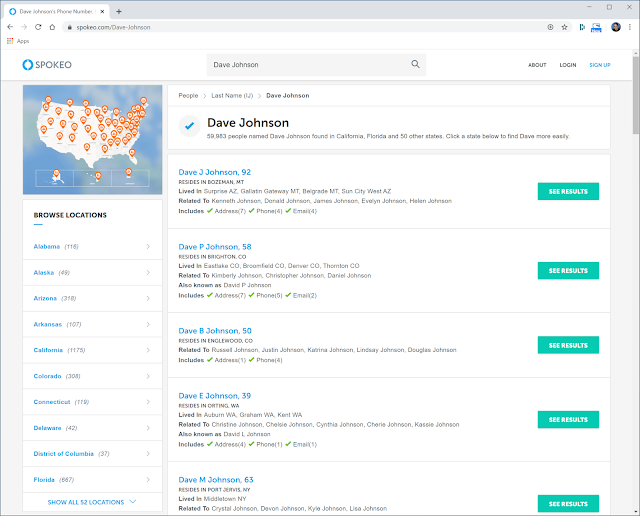 يعرض موقع وسيط بيانات Spokeo نتائج البحث عن "Dave Johnson".