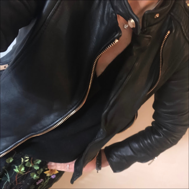 My Midlife Fashion, marks and spencer embroidered a line skirt, zara leather biker jacket, h&M cashmere v neck jumper, golden goose super star low top leather trainers