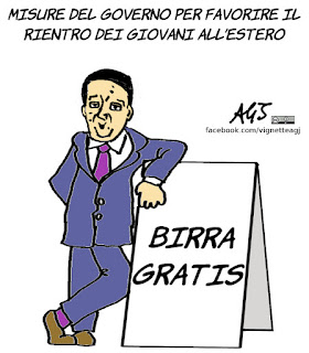 fuga dei cervelli, giovani, politiche giovanili, renzi, lavoro all'estero, vignetta, satira