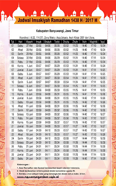 Jadwal Imsakiyah Kota Banyuwangi Jawa Timur 1438 H 2017