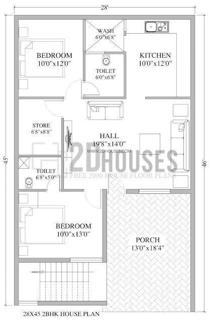 28 x 45 house plans 2bhk with car parking