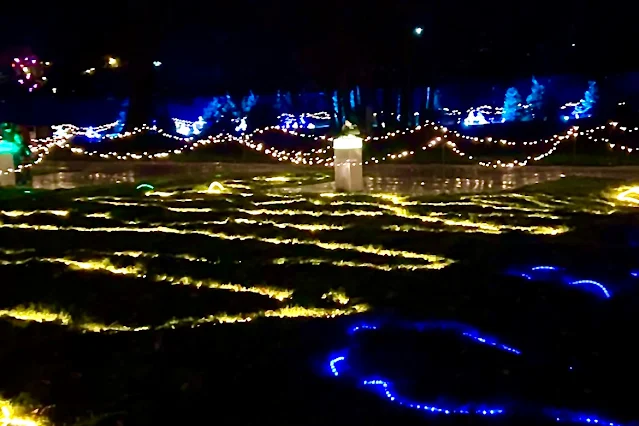 Yellow and blue rope lights visible with blurred lights in the background