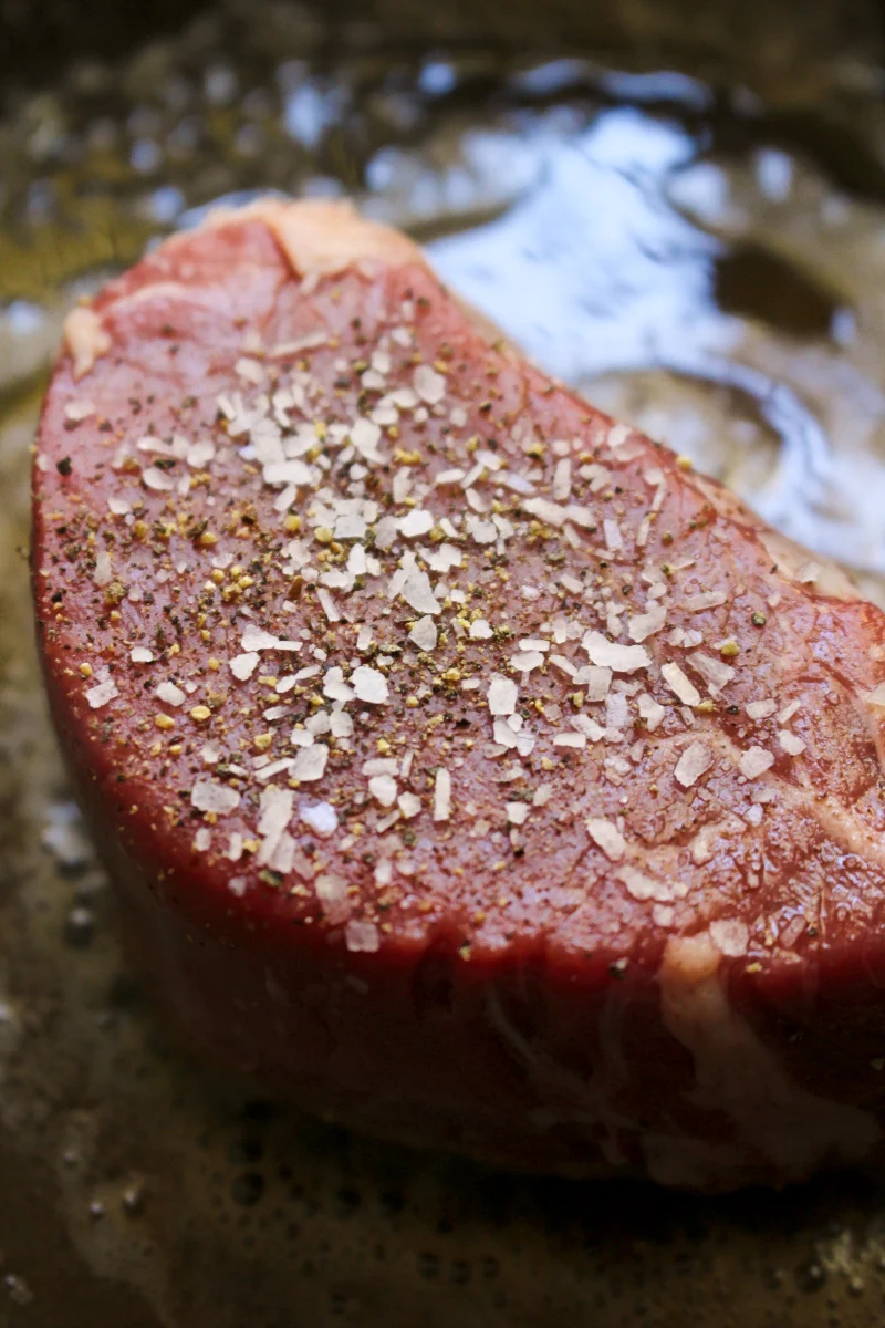 A raw piece of filet mignon seasoned with salt and pepper on a brown plate.