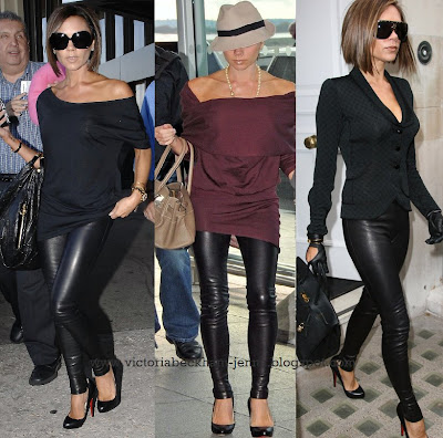 Victoria Beckham looked fierce in black leather pants, a loose black t-shirt