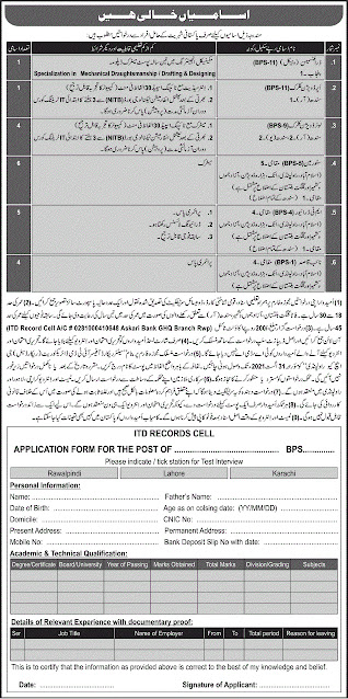 Pakistan Army ITD Records Cell Rawalpindi Jobs 2021