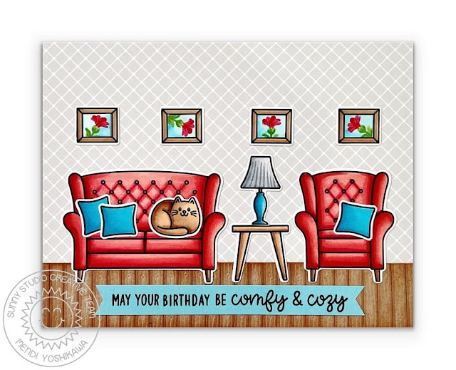 Sunny Studio Cat Curled up on Couch with Armchair Birthday Card (using Cozy Christmas Stamps and Picket Fence Dies)