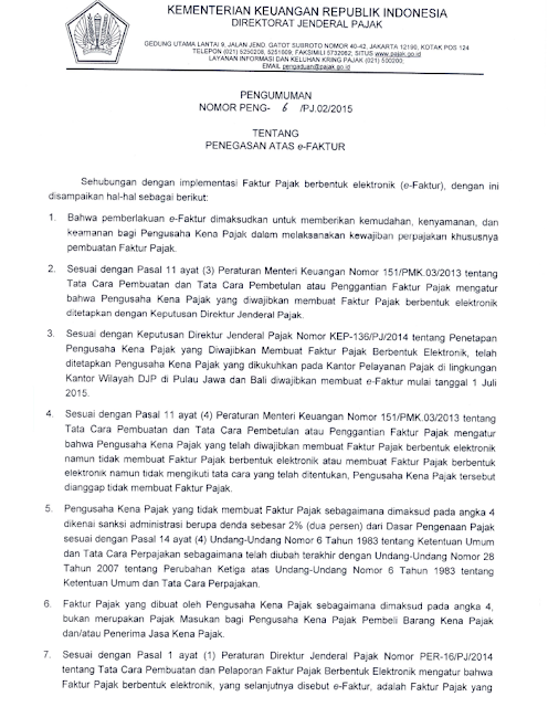 Pengumuman nomor PENG-06/PJ.02/2015 tentang Penegasan ATas e-Faktur