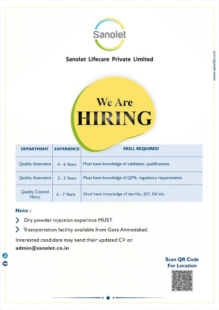 Sanolet Lifecare Hiring For Quality Assurance and Quality Control Micro Department