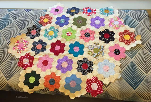 Grandmothers Flower Garden hexagon quilt progress ~ Threading My Way