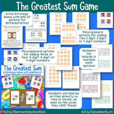 The Greatest Sum - an Addition Game with Strategy and Fun! This place value game practices adding 2-4 digit numbers (with or without regrouping) with many variations!