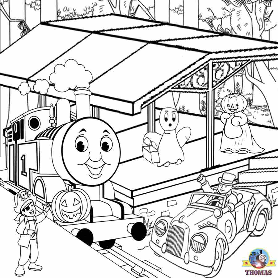 Printable railway station drawing Thomas tank engine coloring pages to color free Halloween pumpkin