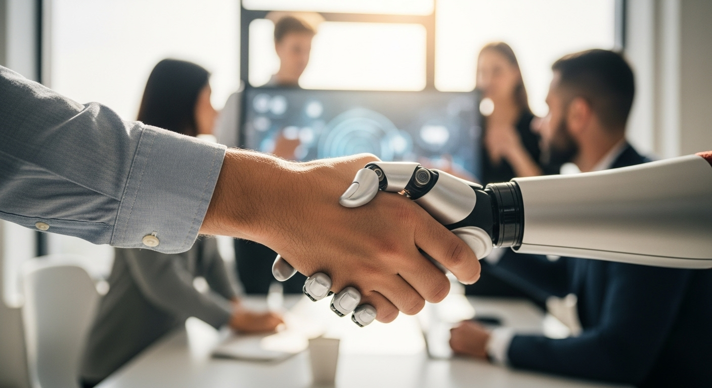 A robot shaking hands with a human, symbolizing a successful partnership.