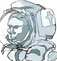 A grey, sketchy headshot of an astronaut.