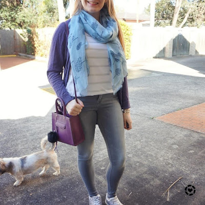 awayfromblue instagram | saturday style glitter shoes grey skinny jeans silver foil stripe tee purple cardigan mini MAB tote