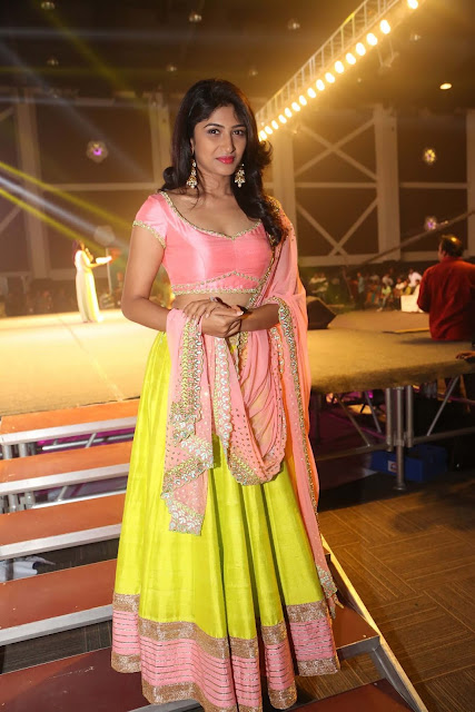 Roshini Prakash in Neon Green and Peach Combination Divya Reddy Lehenga