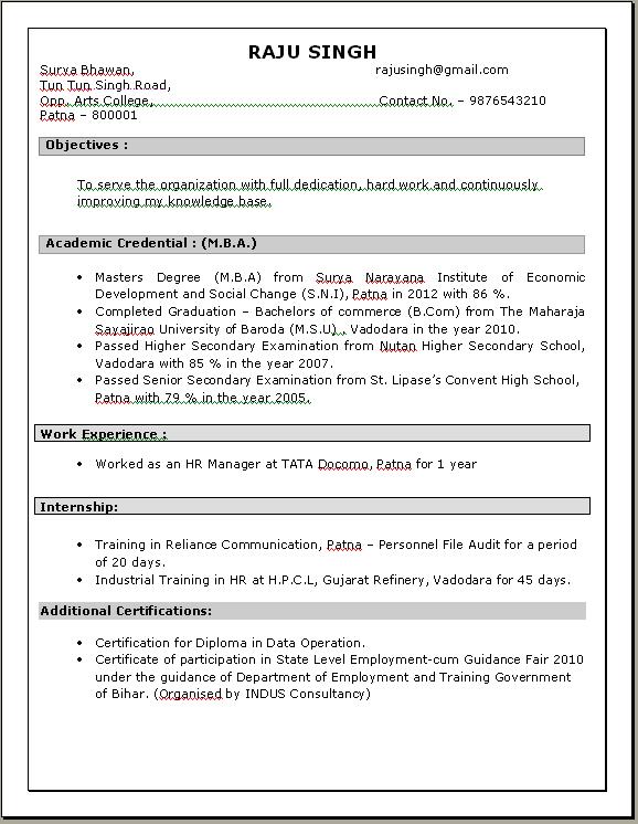 MBA HR Resume in Doc