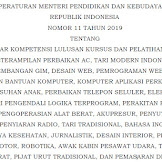 Permendikbud RI Nomor 11 Tahun 2019 tentang Standar Kompetensi Lulusan Kursus dan Pelatihan Bidang Keterampilan Perbaikan AC, Tari Modern Indonesia, Pengembangan Gim, Desain Web, Pemrograman Web, Desain Dengan Bantuan Komputer, Komputer Aplikasi Perkantoran, Pengasuhan Anak, Perbaikan Telepon Seluler, Elektronika Industri Pengendali Logika Terprogram, Perakitan Pipa Bahan Logam, Pengoperasian Alat Berat, Akupresur, Penyutradaraan Televisi, Penyiaran Radio, Tari Tradisional, Bahasa Inggris Untuk Pekarya Kesehatan, Jurnalistik, Desain Interior, Perbaikan Sepeda Motor, Robotika, Awak Kabin Pesawat Udara, Tata Operasi Darat, Pijat Urut Tradisional, dan Pemasaran Digital 