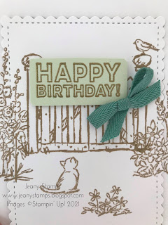 Grace's Garden, Stampin' Up!, birthday card, Jean Blundell, Soft Sea Foam, cat in garden, just jade, crumb cake