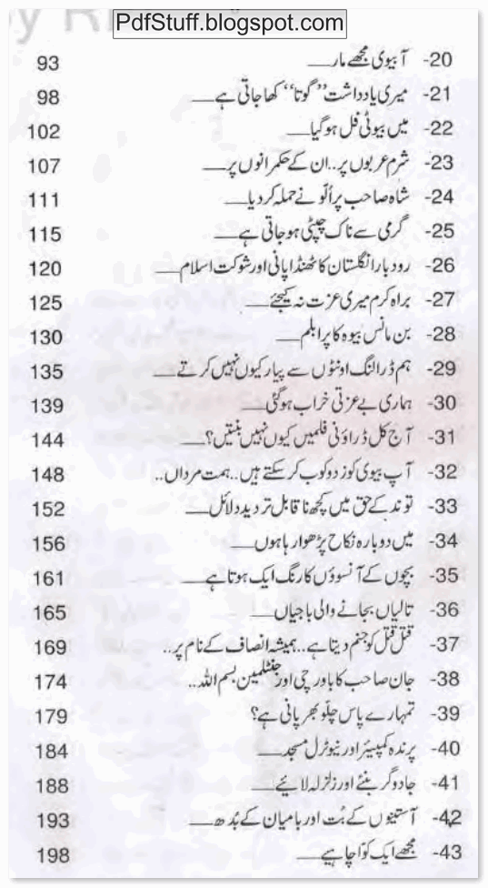 Contents of Urdu book Bay Izzati Kharab by Mustansar Hussain Tarar