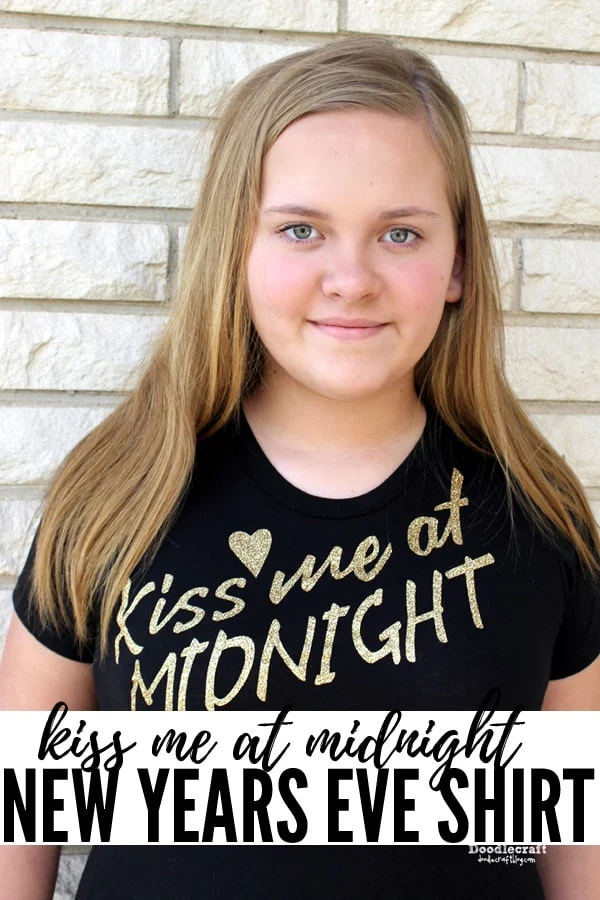 Make the perfect Kiss Me at Midnight Glitter Shirt DIY with gold iron-on glitter vinyl and the Cricut