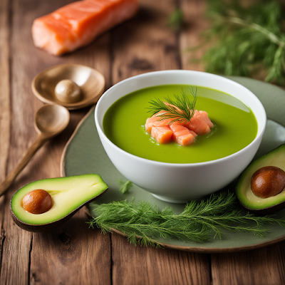 Dieses Bild zeigt eine Schüssel Avocadosuppe mit Wildlachs. Die Suppe hat eine cremige, grünliche Farbe und ist mit kleinen Stücken Lachs garniert. Die Suppe wird in einer großen Schüssel serviert, die auf einem Tisch steht. Auf dem Tisch befindet sich auch ein Teller mit Toastbrot. Der Lachs ist in kleine Würfel geschnitten und hat eine rosa Farbe. Das Bild vermittelt ein Gefühl von Wärme und Gemütlichkeit. Die cremige Avocadosuppe und der frische Lachs sehen appetitlich aus und laden zum Essen ein. "Avocadosuppe mit Wildlachs: Eine cremige und nahrhafte Suppe, die perfekt für einen kalten Wintertag ist."