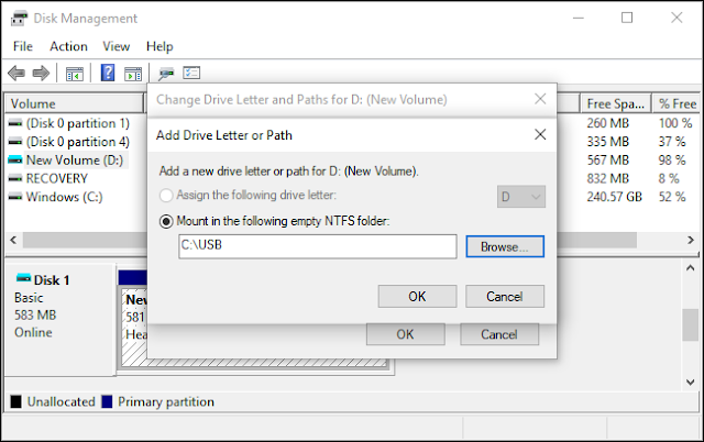 تركيب محرك أقراص في مجلد NTFS فارغ على نظام التشغيل Windows 10.