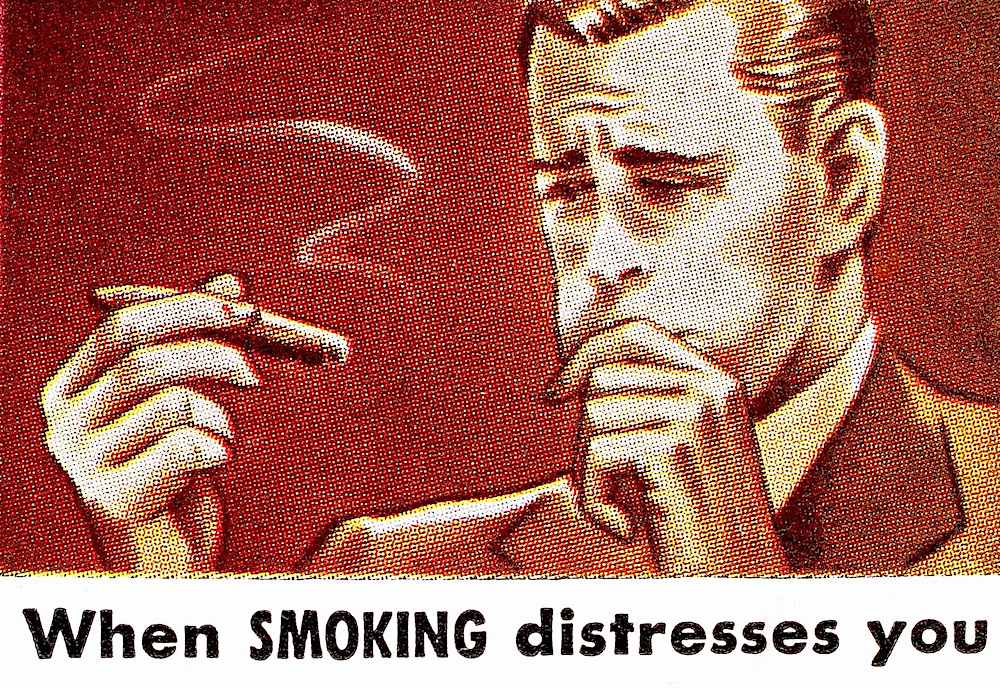 a vintage cigarette ad illustration, when smoking distresses you, cigar sick