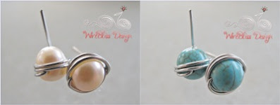 wire wrapped stud earrings with pearl and turquoise