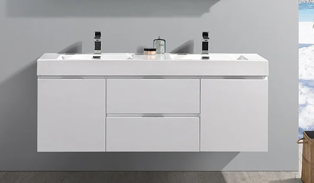 Double vanity in white in a modern style in a minimal bathroom.