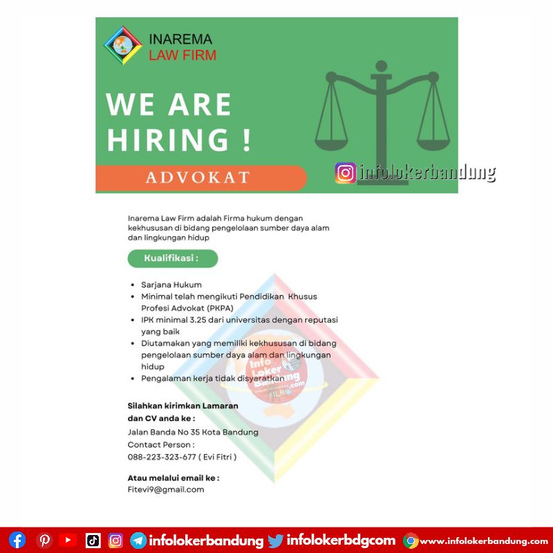 Lowongan Kerja Advokat Inarema Law Firm Bandung September 2022