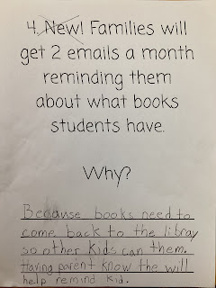 Student work: Families will get 2 emails a month reminding them about what books students have out. Why?